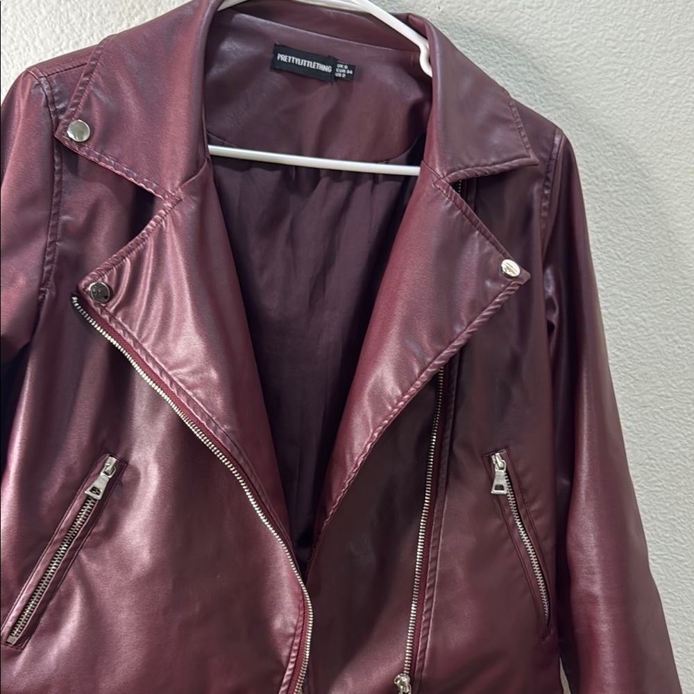 PrettyLittleThing Red Leather Jacket Asymmetrical Design